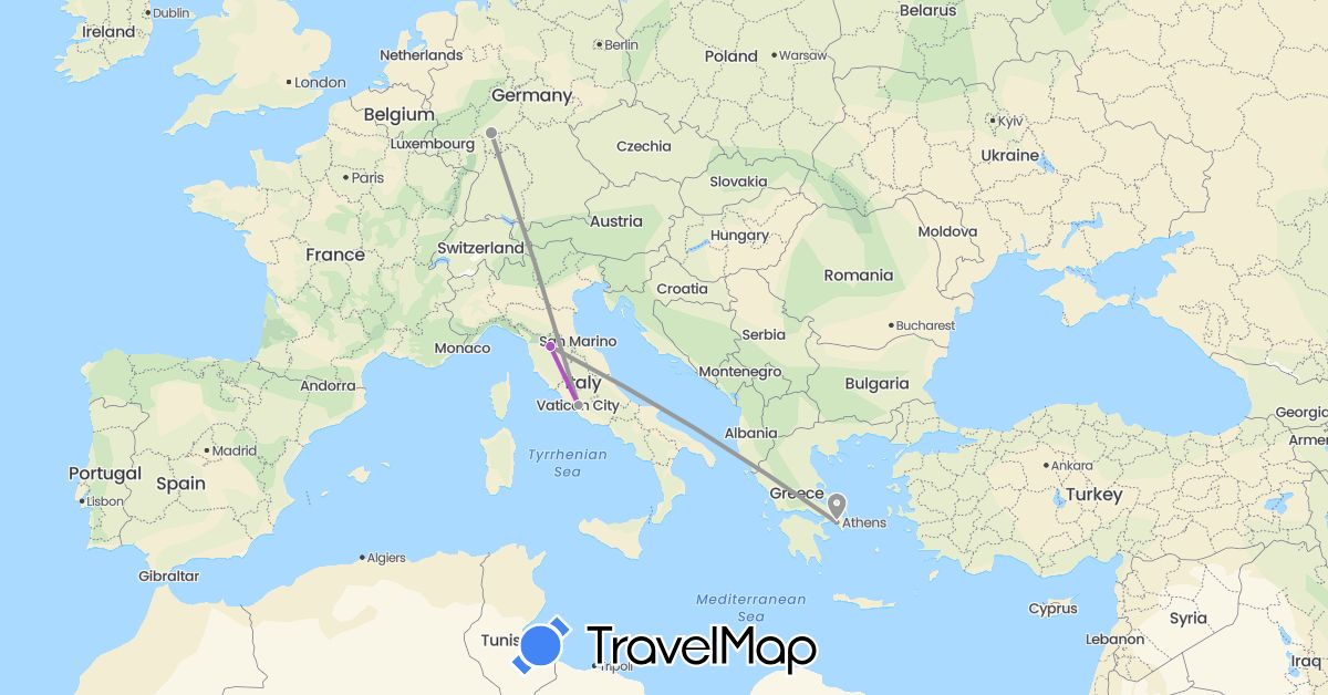 TravelMap itinerary: driving, plane, train in Germany, Greece, Italy (Europe)